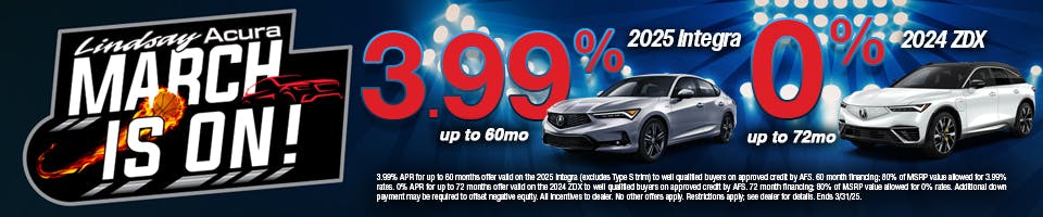 3.99% APR Integra & 0% APR ZDX | Lindsay Acura