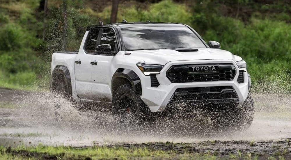 A white 2024 Toyota Tacoma TRD Pro is shown driving off-road.