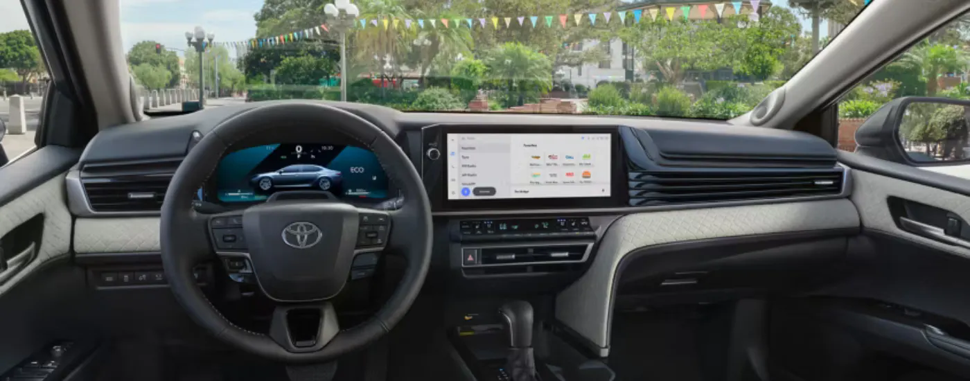Black leather interior of a 2026 Toyota Camry