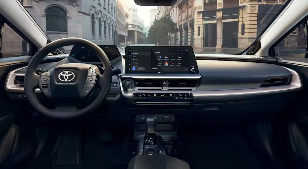 The black interior of a 2026 Toyota Prius.