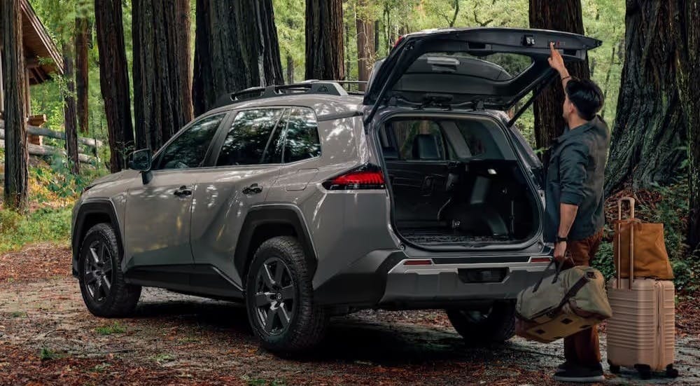 A gray 2026 Toyota RAV4 PHEV parked in a forest.