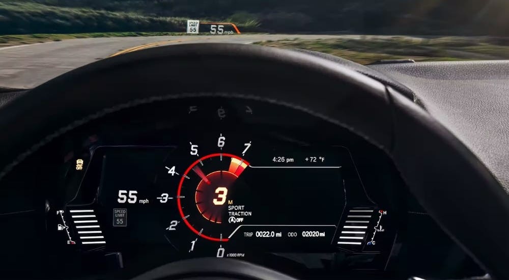 Close-up of the digital instrument cluster in a 2025 Toyota GR Supra for sale.