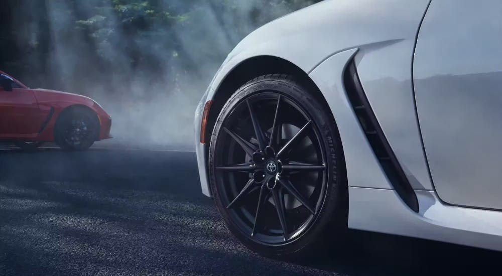 Front driver side wheel on a white 2025 Toyota GR86