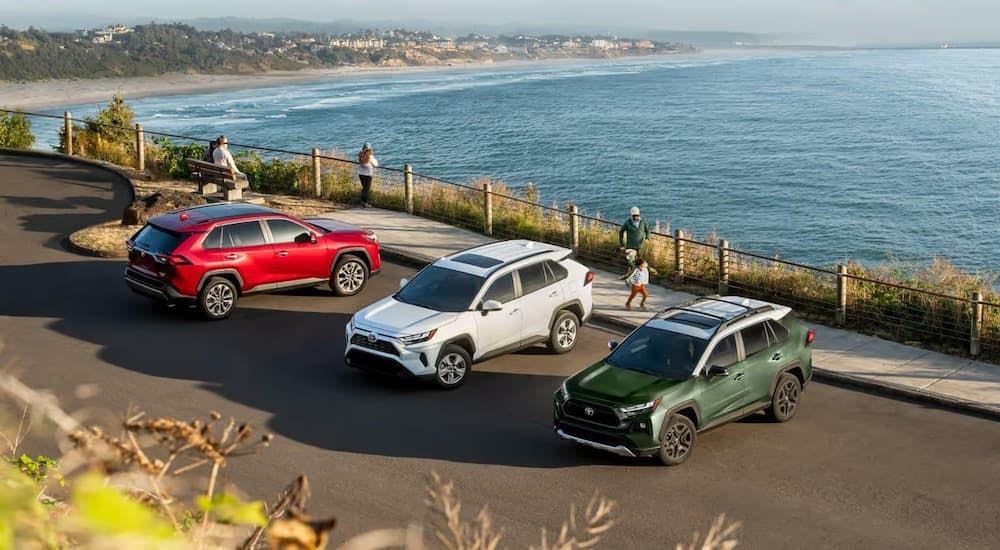 A set of three 2024 Toyota RAV4 are parked near a body of water.