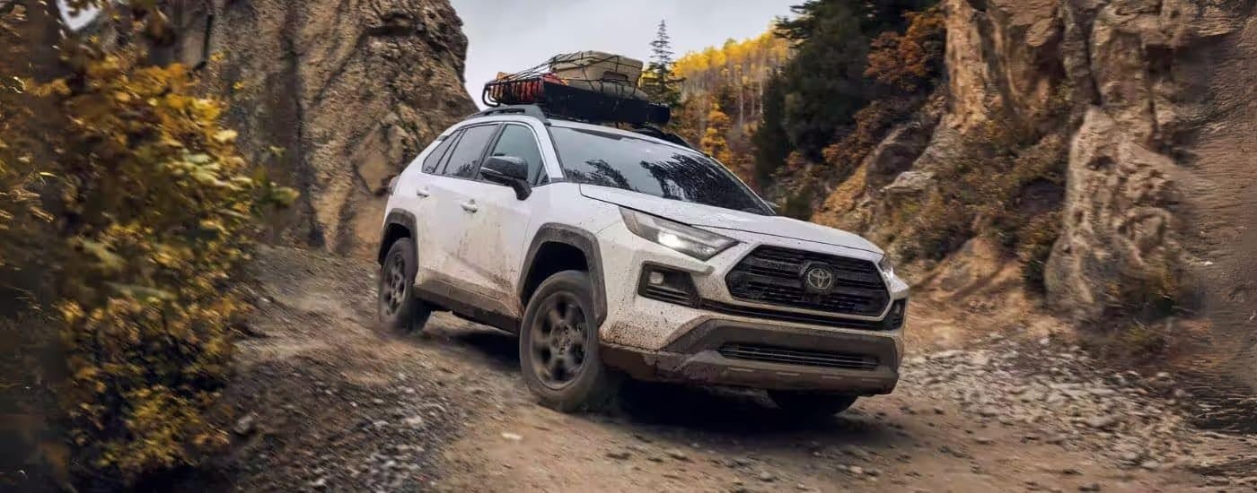 A white 2025 Toyota RAV4 driving off-road down a hill.