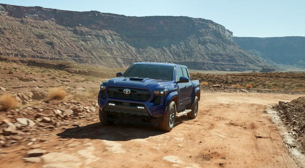 A blue 2025 Toyota Tacoma is shown from the front at an angle.