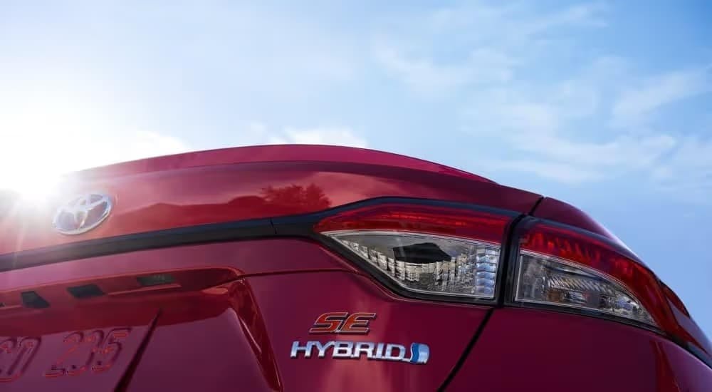 The taillight on a red 2023 Toyota Corolla.