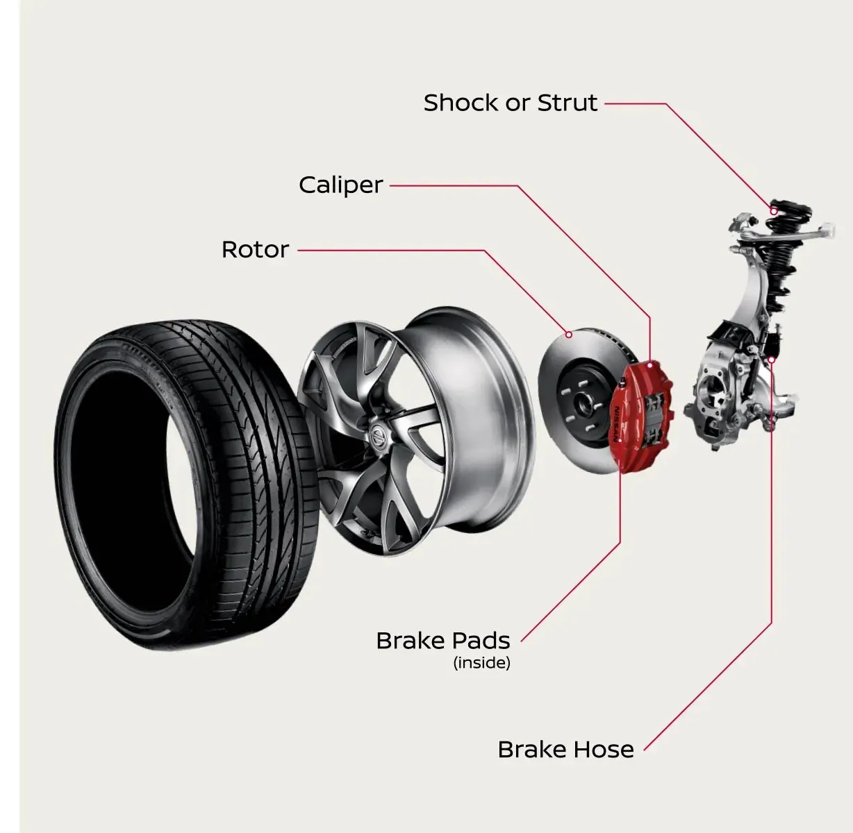 D-BrakeParts Break away image showing the various parts of a wheel and brake system