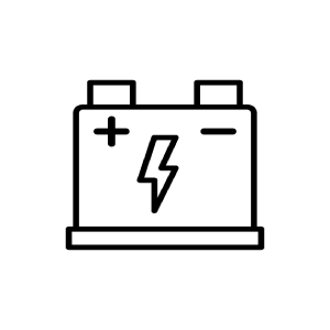 battery-min Black outline icon of a car battery with positive and negative terminals representing battery testing or replacement service.