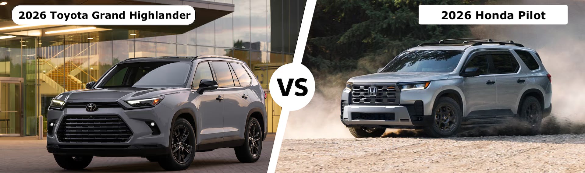 Toyota Grand Highlander Nightshade and 2026 Honda Pilot Trailsport with versus text in center