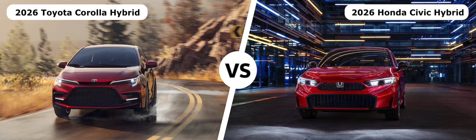 Red 2026 Corolla hybrid and red 2026 Honda Civic Hybrid with vs text in center