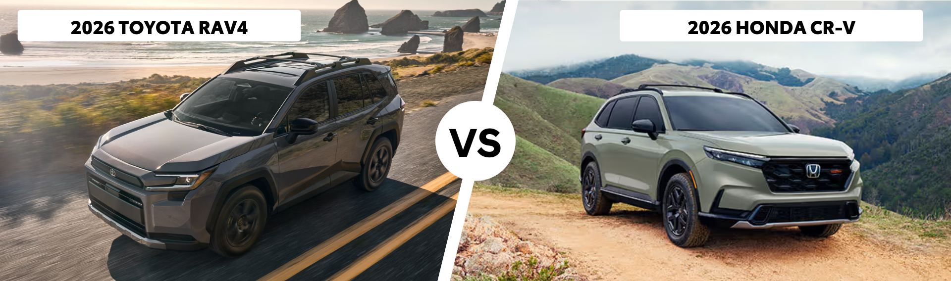 2026 Toyota RAV4 Woodland pictured with 2026 CR-V Trailsport with vs text in center