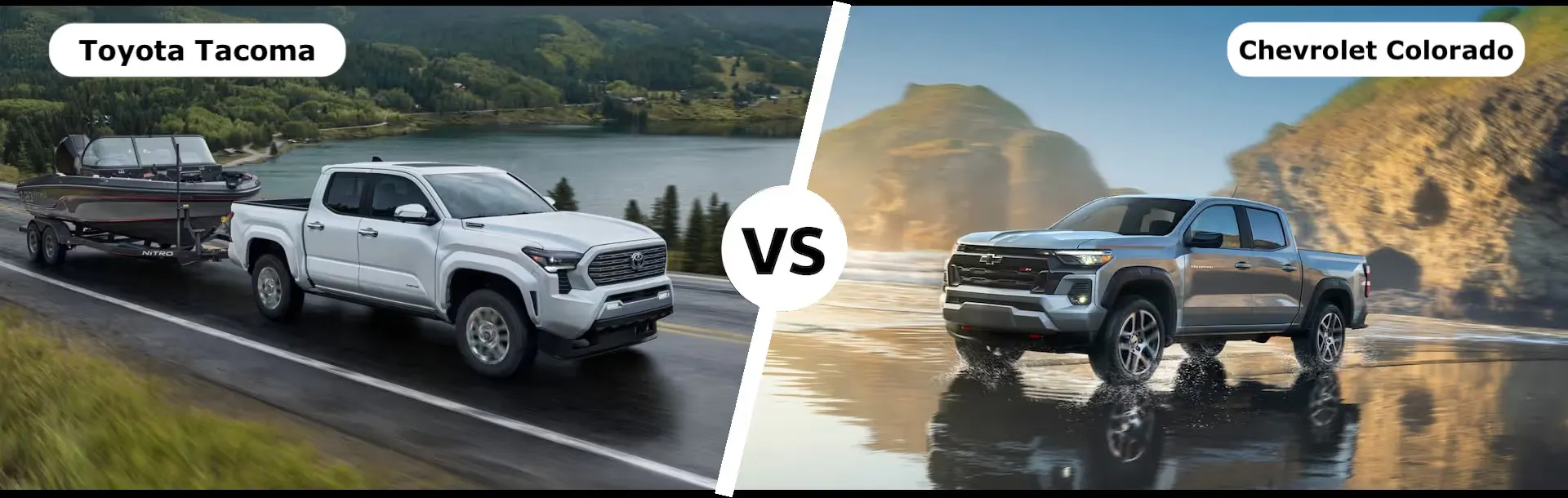 Toyota Tacoma towing a boat and a silver Chevrolet Colorado driving on a beach with versus text in center
