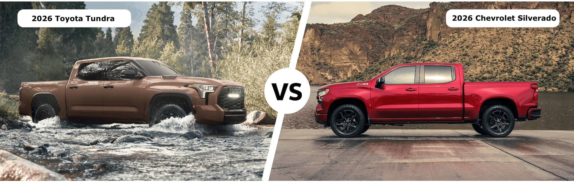 Toyota Tundra fording a stream and a red Chevrolet Silverado parked near a lake with versus text in center