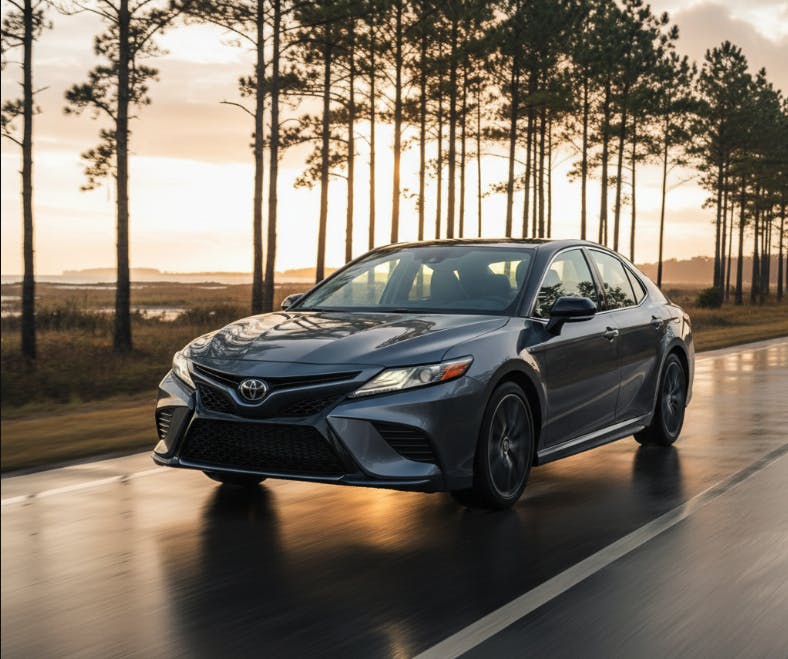 2025 Toyota Camry XSE in Heavy Metal with black roof on a coastal road near Mobile AL