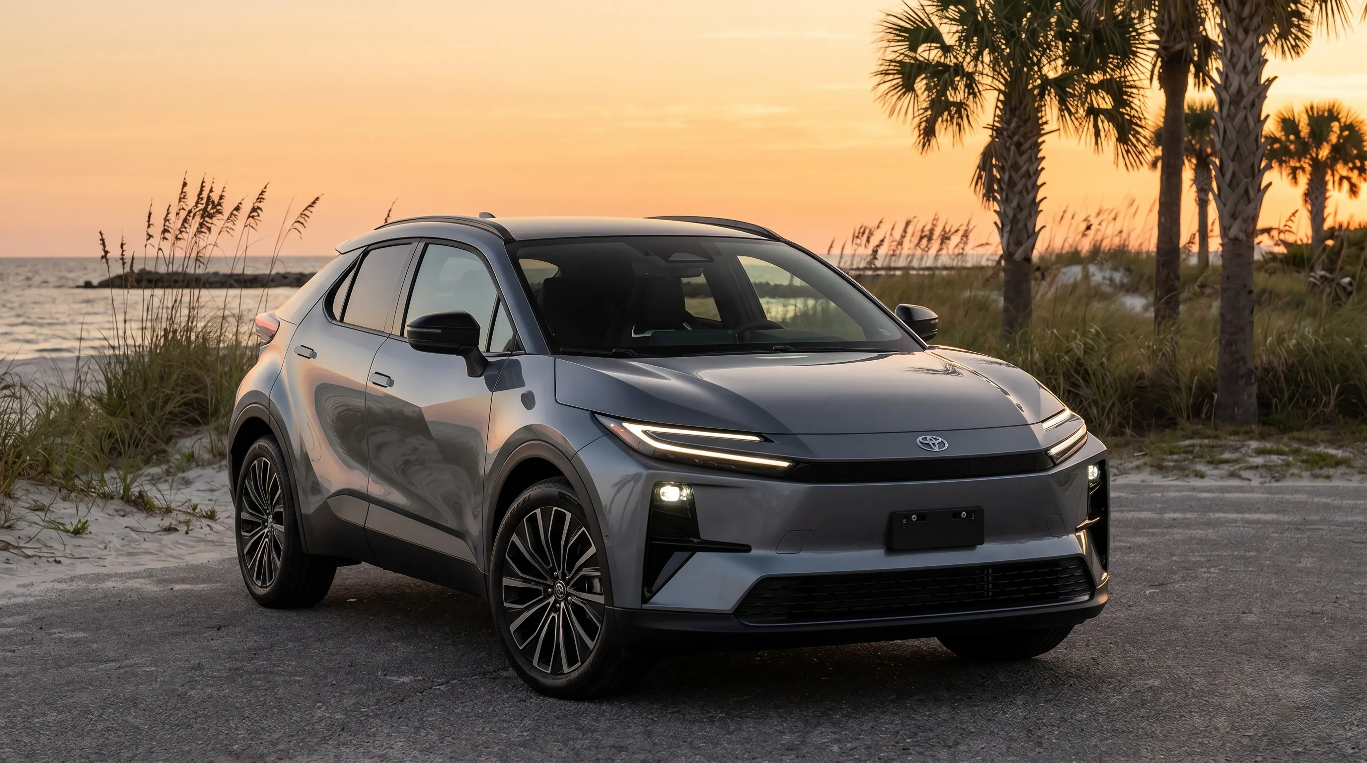 2026 Toyota C-HR electric SUV parked near a Gulf Coast beach at sunset with palm trees and ocean in the background