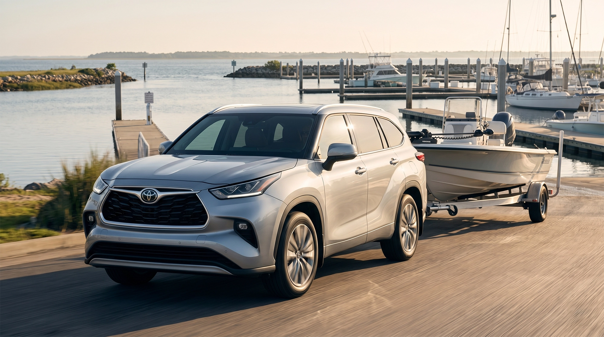 2026 Toyota Highlander towing a boat near a marina with docks and water under bright daylight on the Gulf Coast