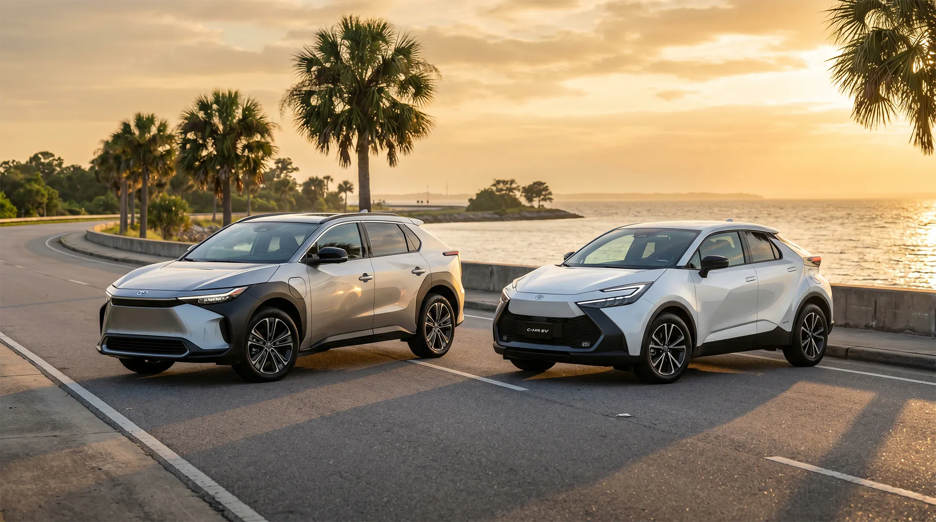 2026 Toyota bZ and Toyota C-HR electric SUVs parked near the water at sunset showcasing the EV lineup