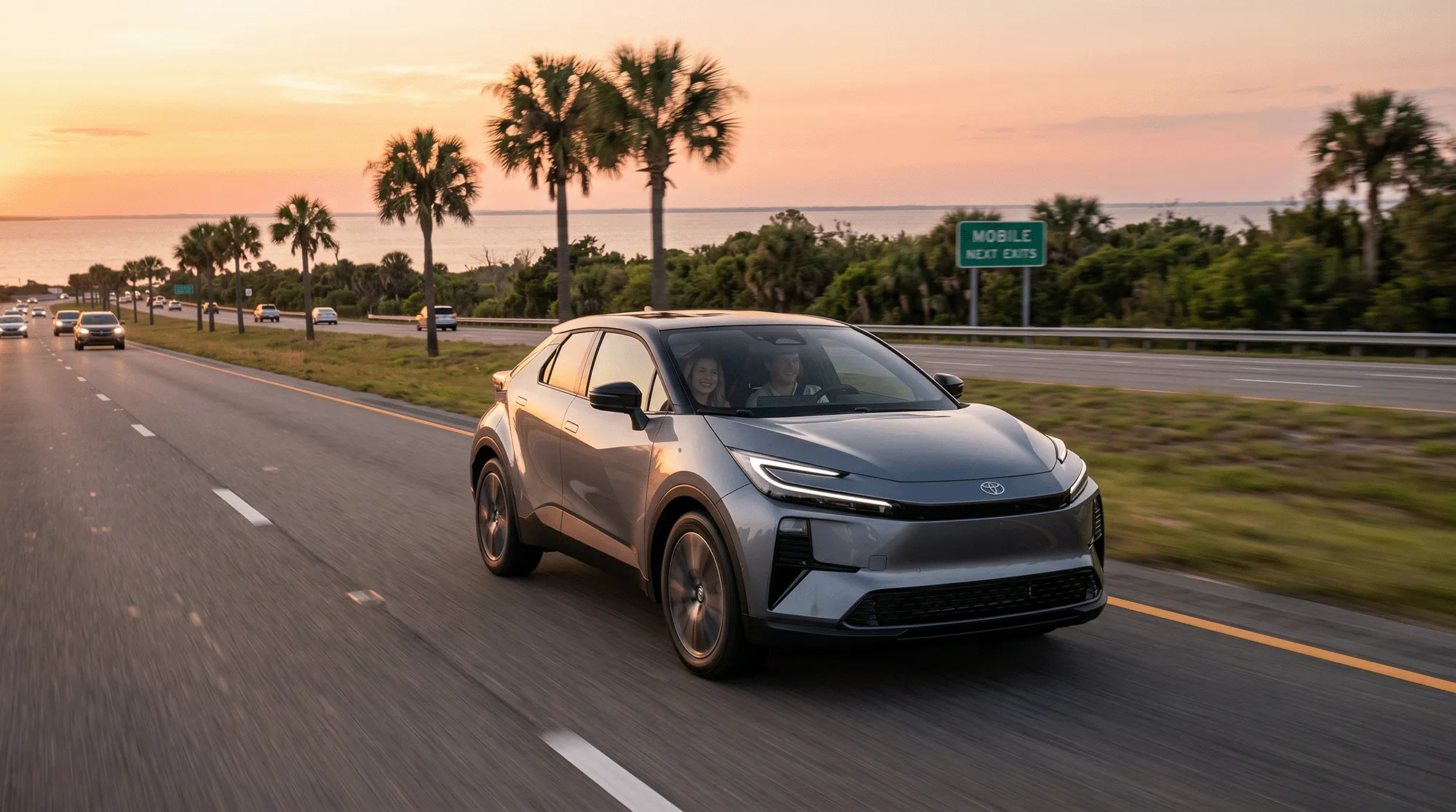 2026 Toyota electric SUV driving on a highway near Mobile Alabama with palm trees and coastal scenery at sunset
