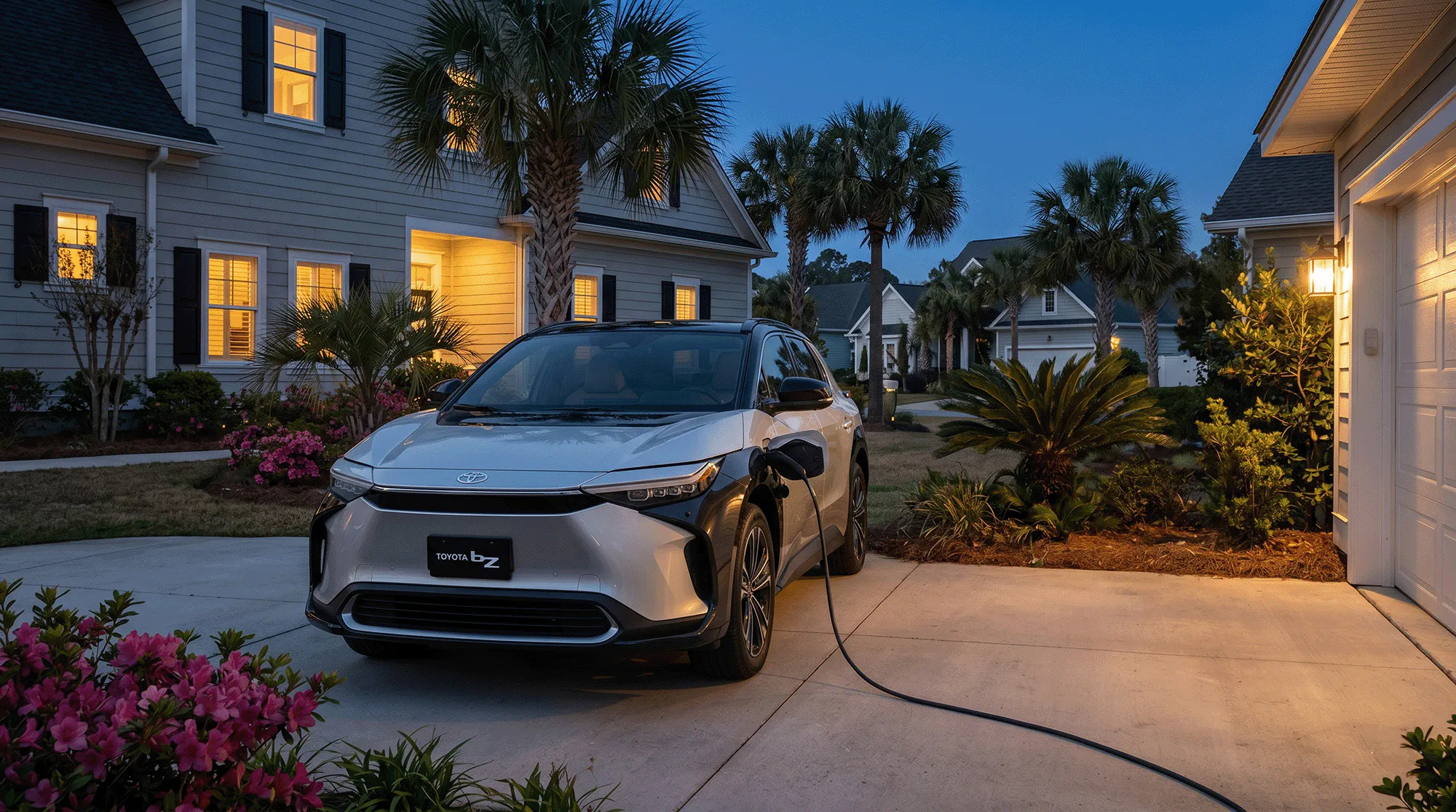 2026 Toyota bZ electric SUV charging at home in a residential driveway during the evening