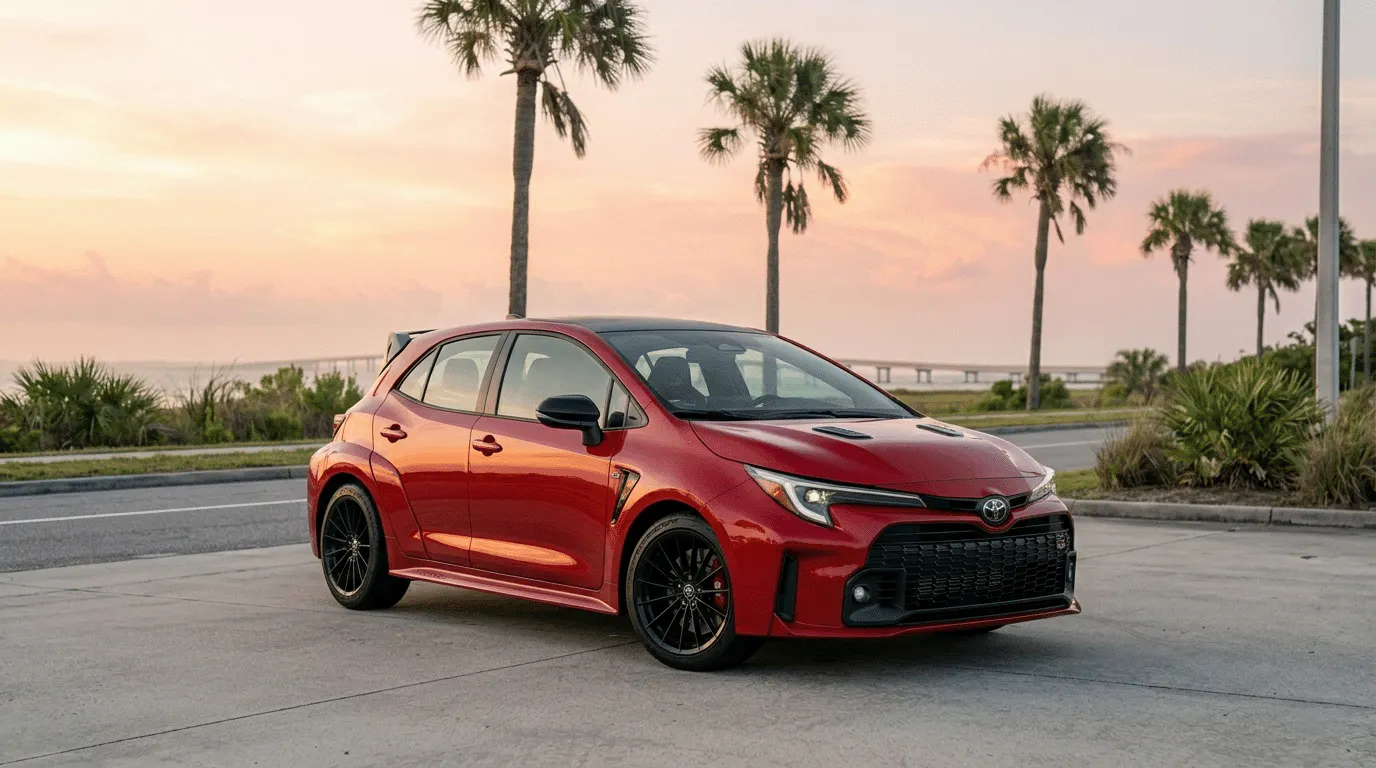 Red 2026 Toyota GR Corolla parked near a coastal road at sunset, shown from the front three-quarter angle with palm trees and water in the background.