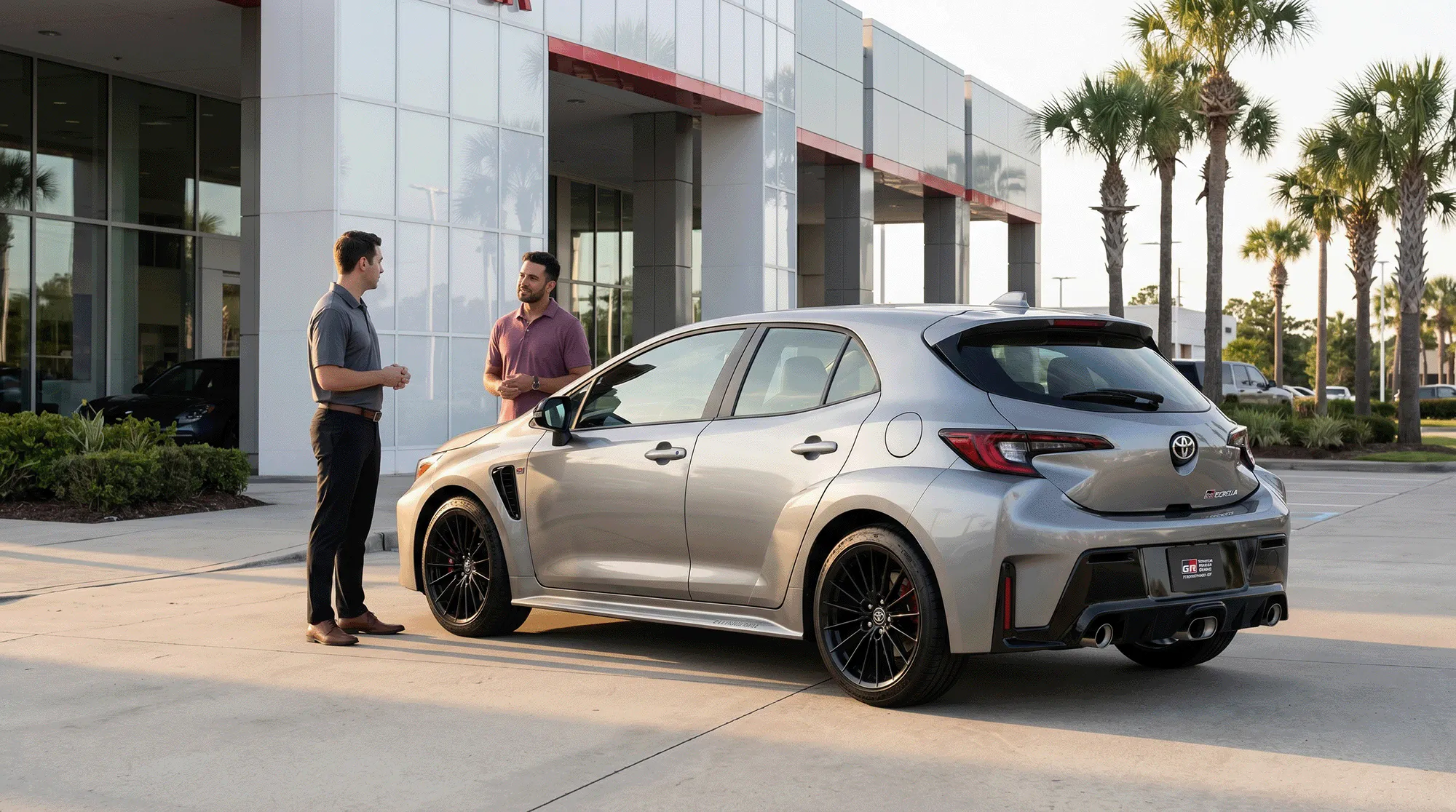 Silver 2026 Toyota GR Corolla parked outside a dealership with palm trees, as two people stand nearby talking beside the vehicle.