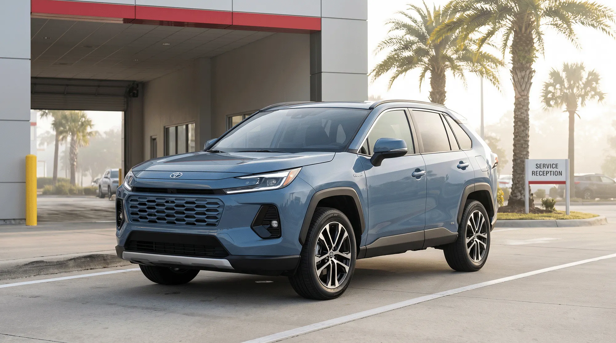 Blue 2026 Toyota RAV4 Hybrid parked outside a service reception area with palm trees in the background on the Gulf Coast.