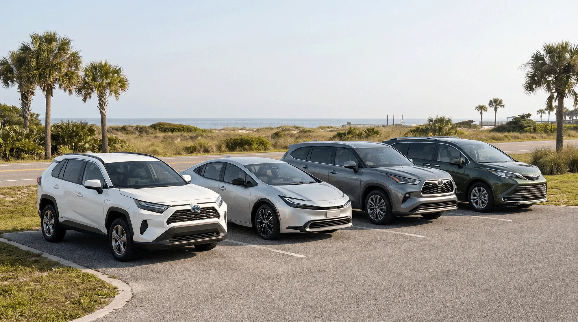 Lineup of 2026 Toyota hybrid models parked near a Gulf Coast beach road, including the RAV4 Hybrid, Prius, Highlander Hybrid, and Sienna Hybrid.