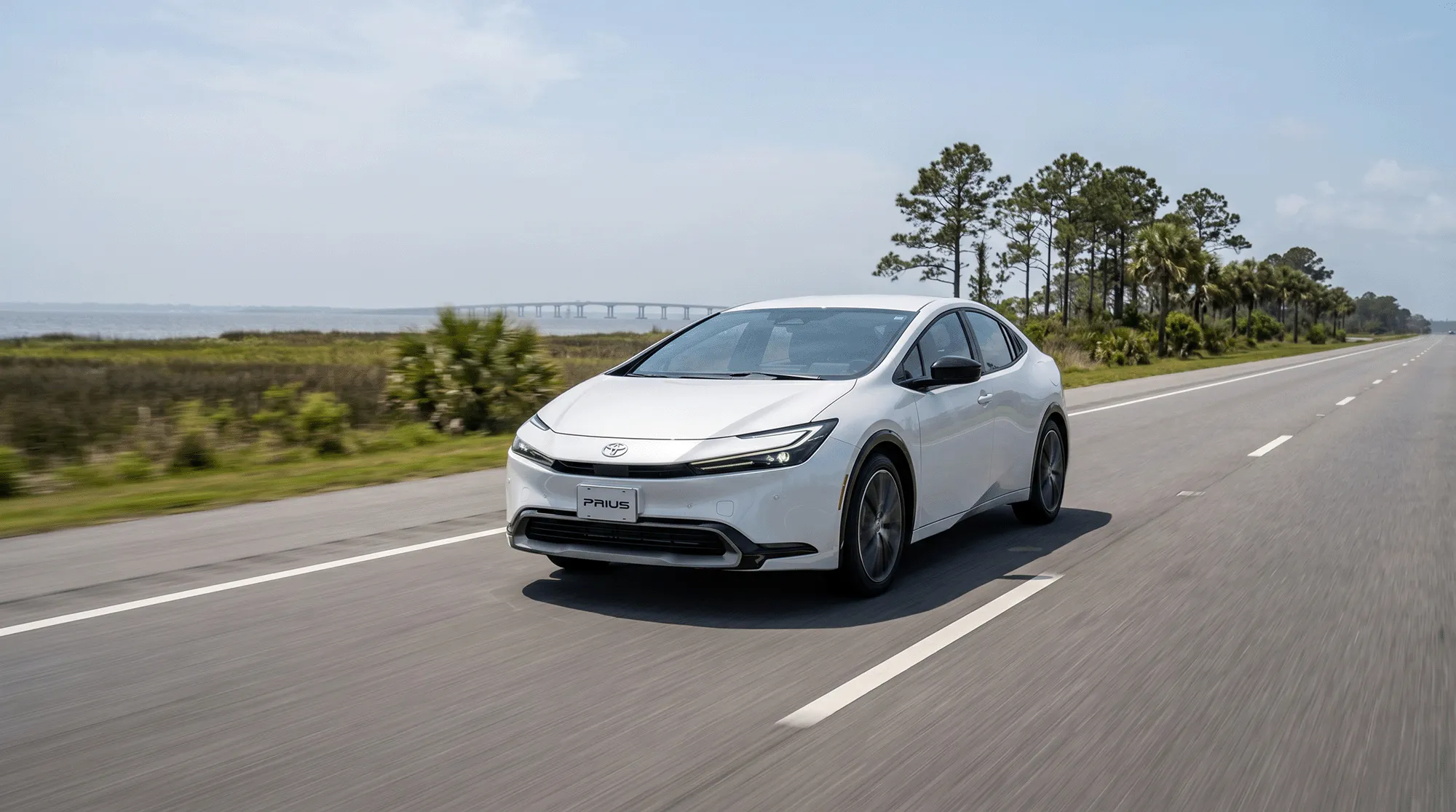 White 2026 Toyota Prius driving along a Gulf Coast highway with marshland, palm trees, and water in the background.