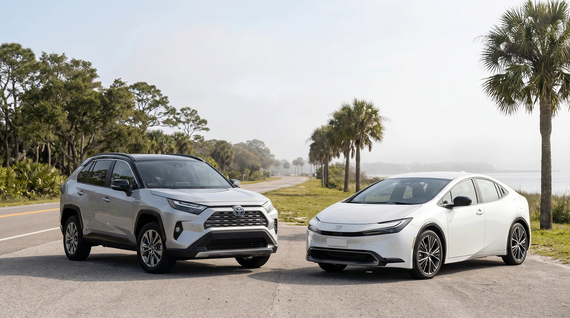 2026 Toyota RAV4 Hybrid and 2026 Toyota Prius parked side by side on a coastal Alabama road lined with palm trees.