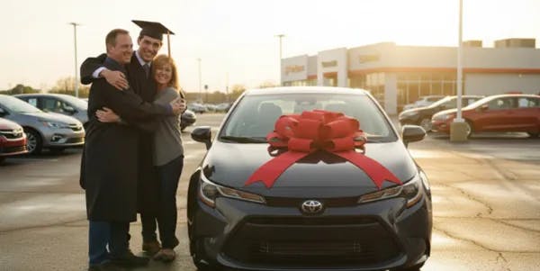 Young graduate in cap and gown celebrating with family beside a new black Toyota car decorated with a large red bow at a dealership.
