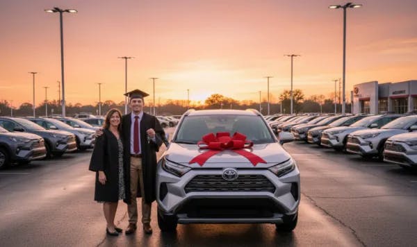 25-09-02_OPT_SpringhillToyota3 Graduate in cap and gown standing with a woman beside a new silver Toyota SUV with a large red bow, parked at a dealership lot during sunset.