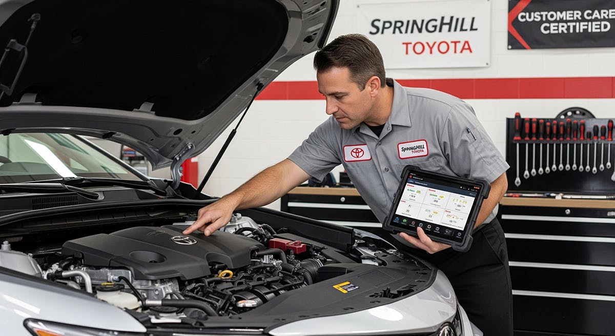 25-09-03_OPT_SpringhillToyota1 Toyota mechanic diagnosing engine noise under the hood of a Toyota SUV at SpringHill Toyota, using professional tools in a clean service bay.