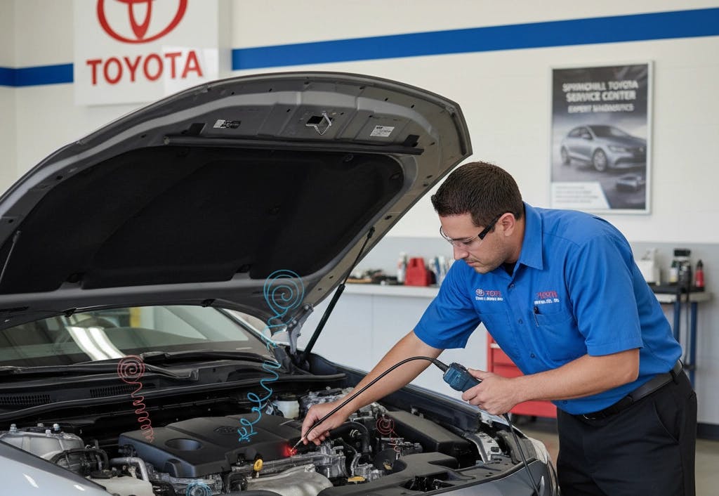 25-09-29_Toyota_SPTOY1 Technician in a Toyota service center inspecting a car engine with the hood open, using diagnostic tools to identify unusual noises, with sound wave graphics symbolizing engine issues.