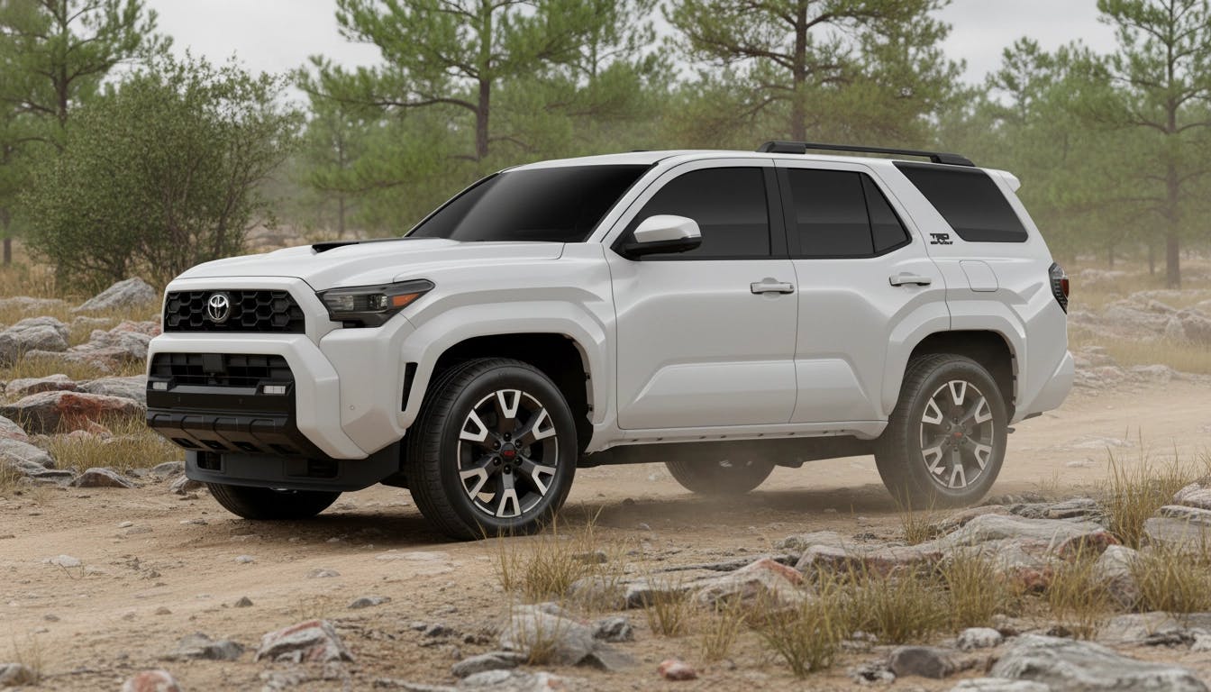 White 2026 Toyota 4Runner TRD Sport Premium parked on a rocky off-road trail surrounded by pine trees and light dust, showcasing its rugged design, 20-inch alloy wheels, and athletic body styling.
