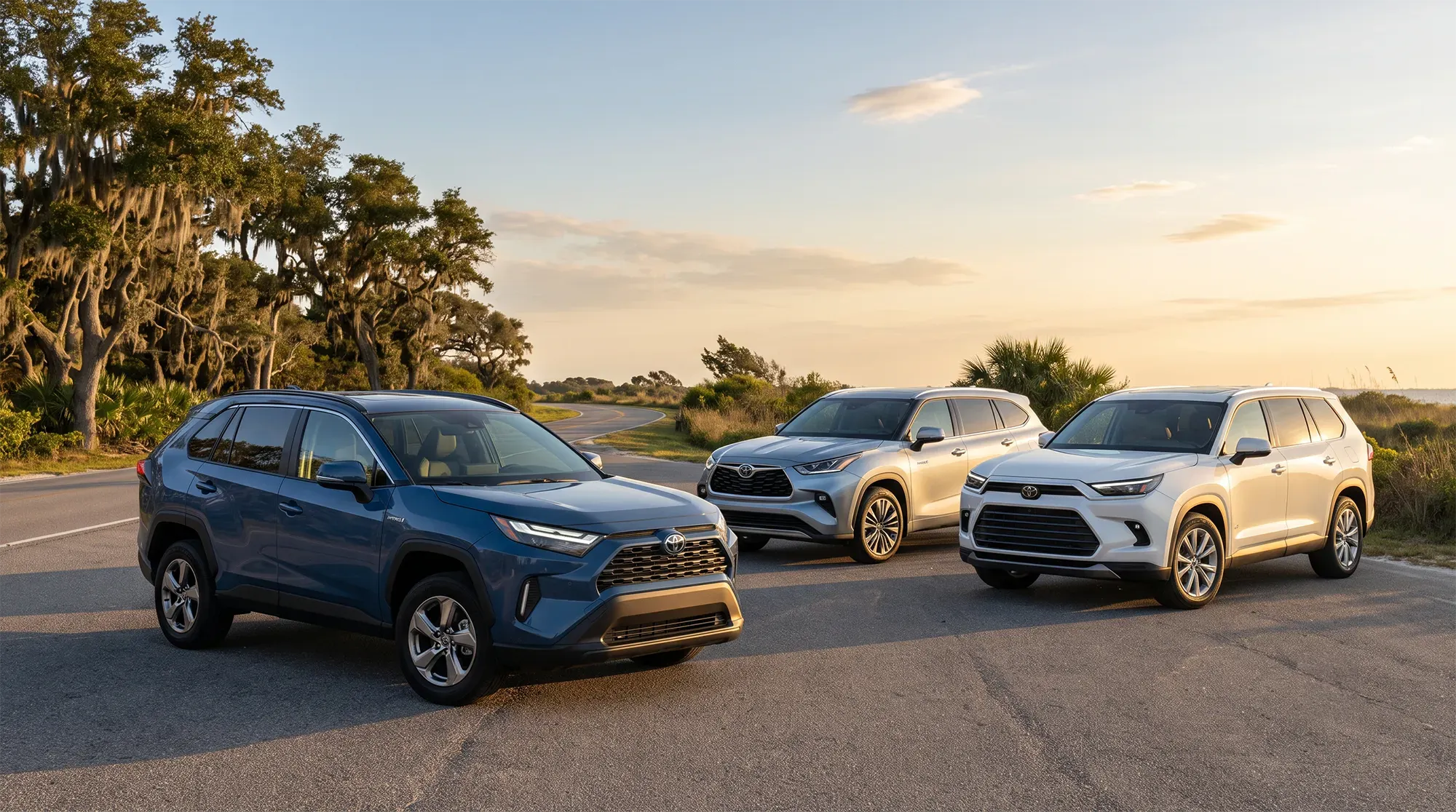 Three Toyota hybrid SUVs, including a RAV4 Hybrid, parked along a tree-lined coastal road at sunset in Mobile, AL