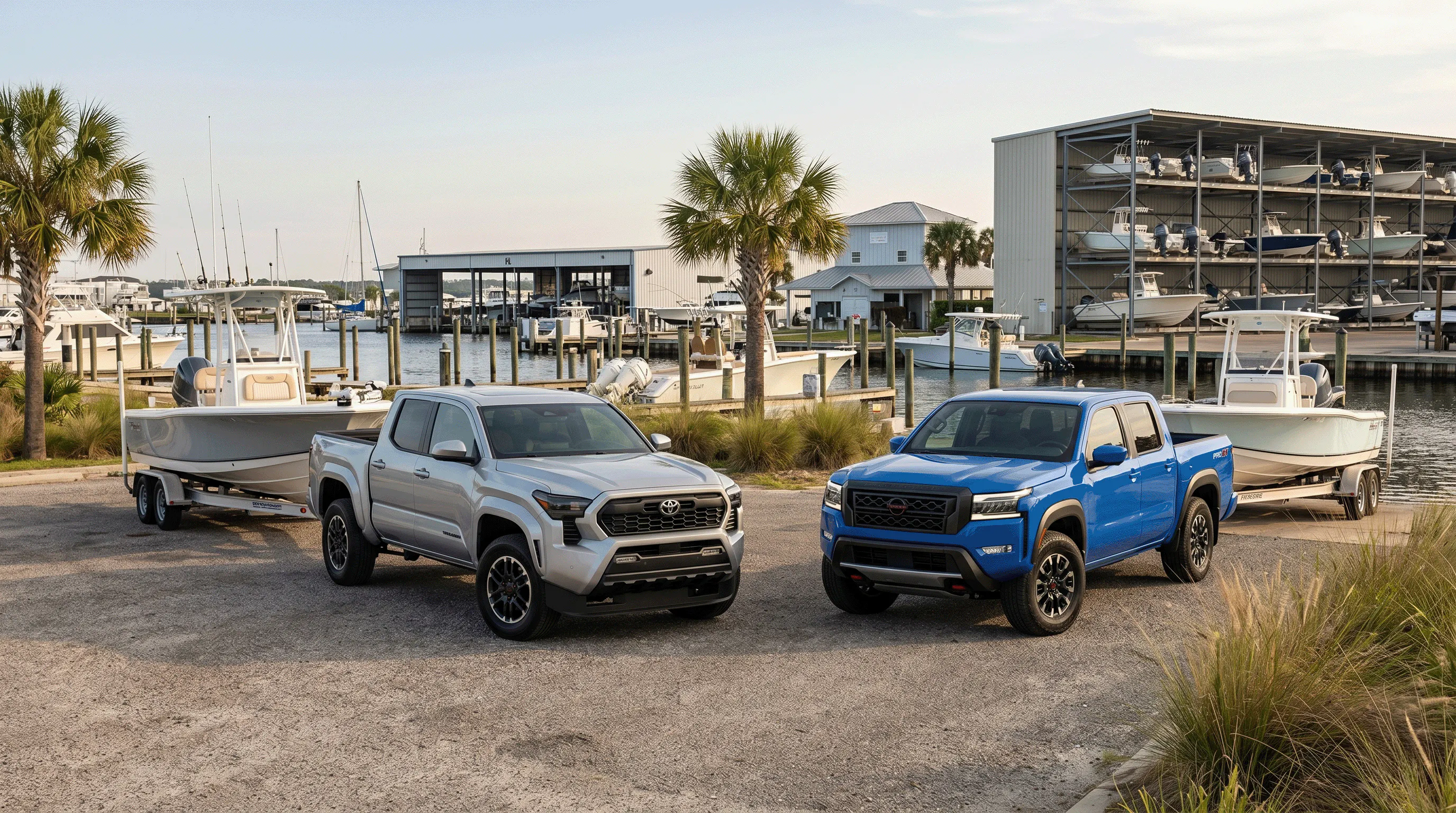 2026 Toyota Tacoma and 2026 Nissan Frontier parked with boats at a Gulf Coast marina to highlight towing capability