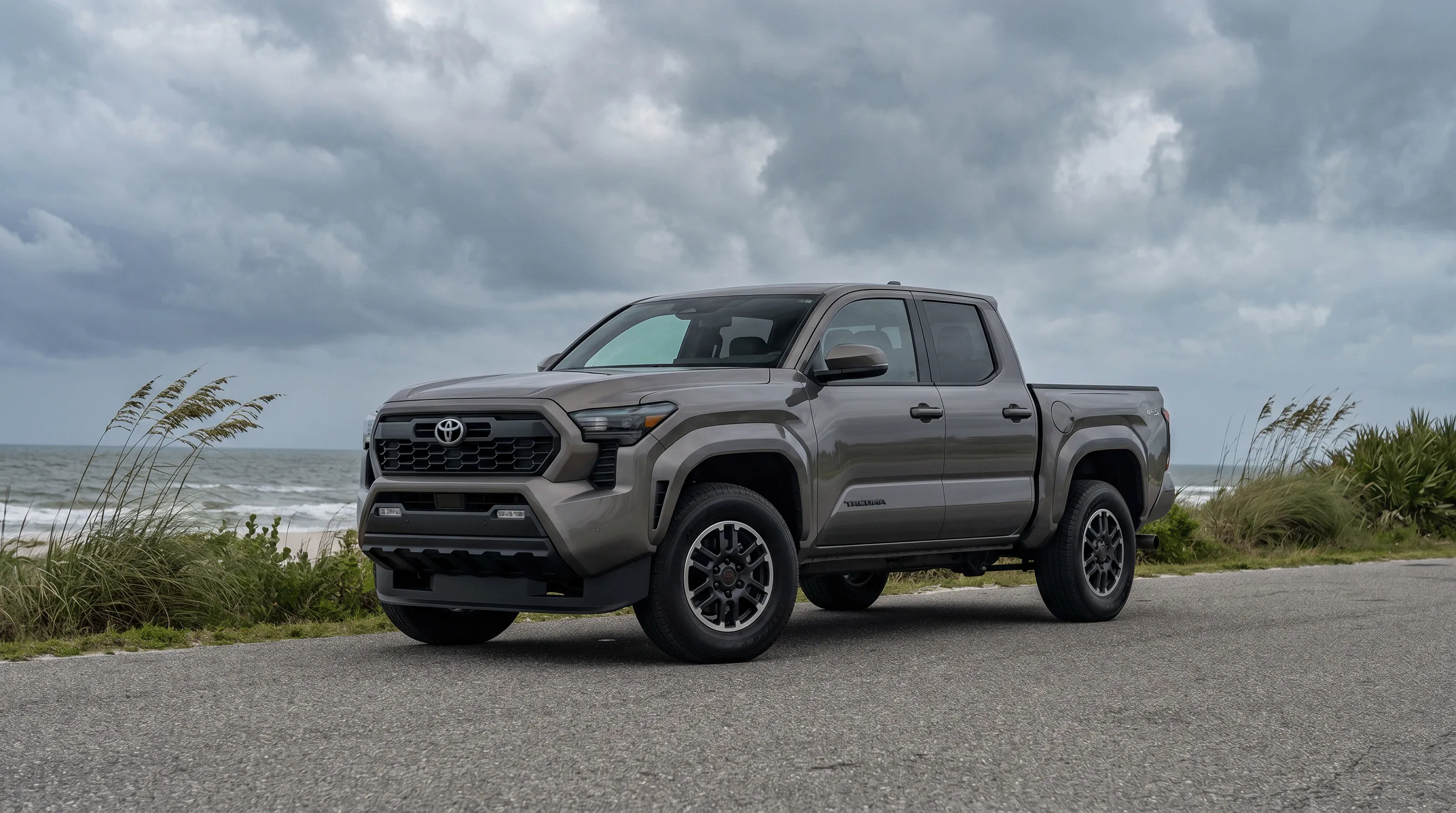 Gray 2026 Toyota Tacoma parked on a coastal road beside the beach under dramatic cloudy Gulf Coast skies