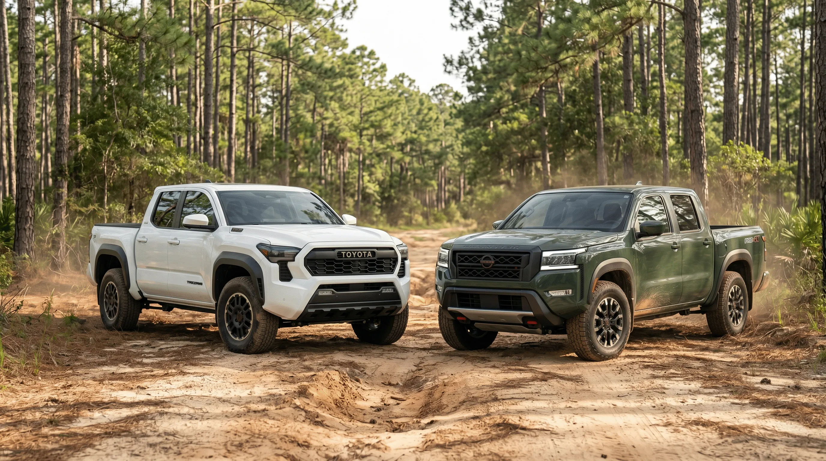 2026 Toyota Tacoma and 2026 Nissan Frontier parked side by side on a sandy pine forest trail in South Alabama