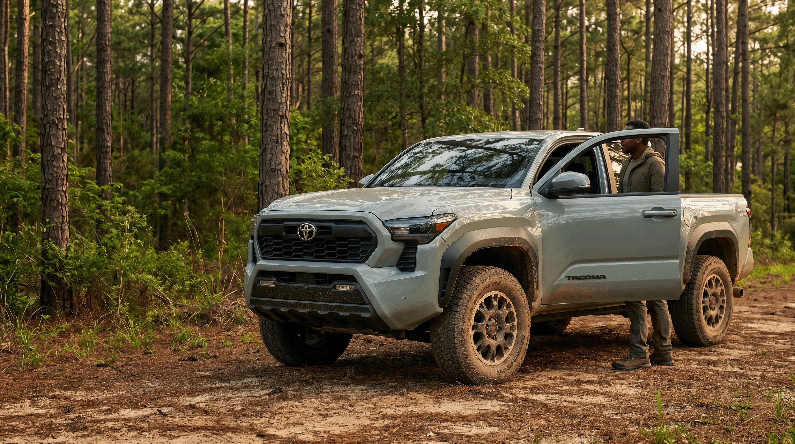 Light gray 2026 Toyota Tacoma parked on a sandy forest trail with a driver standing beside the open door