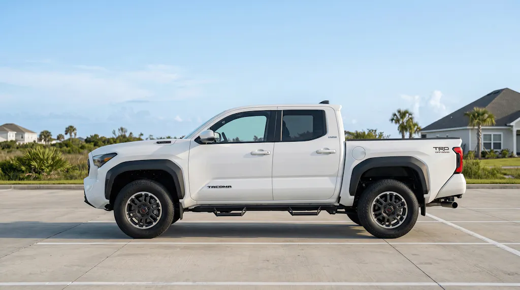 White 2026 Toyota Tacoma TRD Off-Road shown in full side profile in a sunny suburban Gulf Coast setting