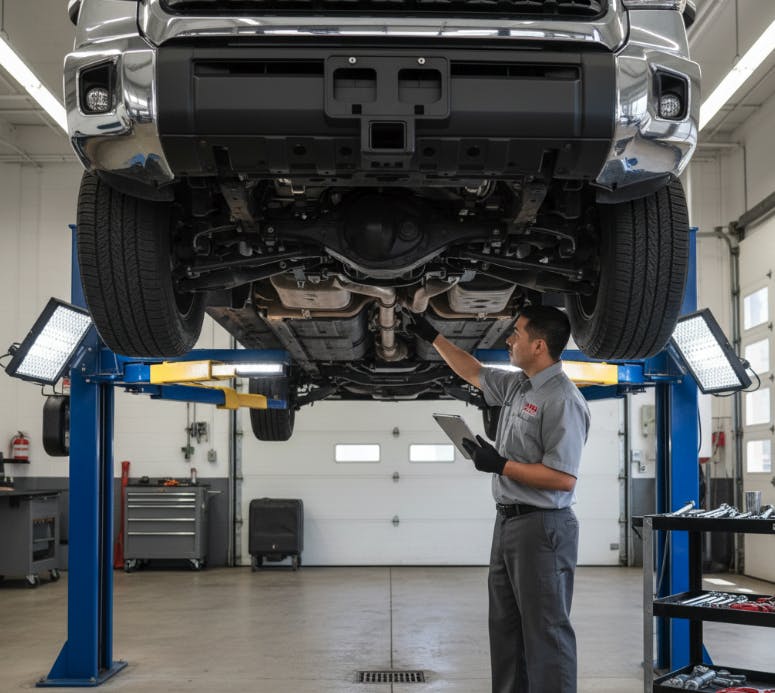 Toyota technician inspecting a pre-owned Tundra undercarriage