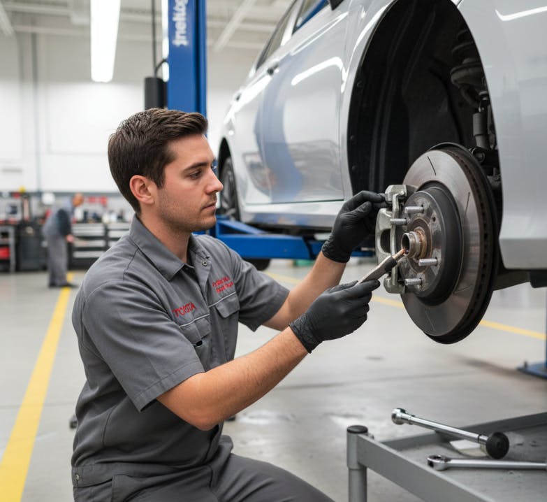 Toyota technician installing front brake pads and inspecting rotor at Springhill Toyota service center