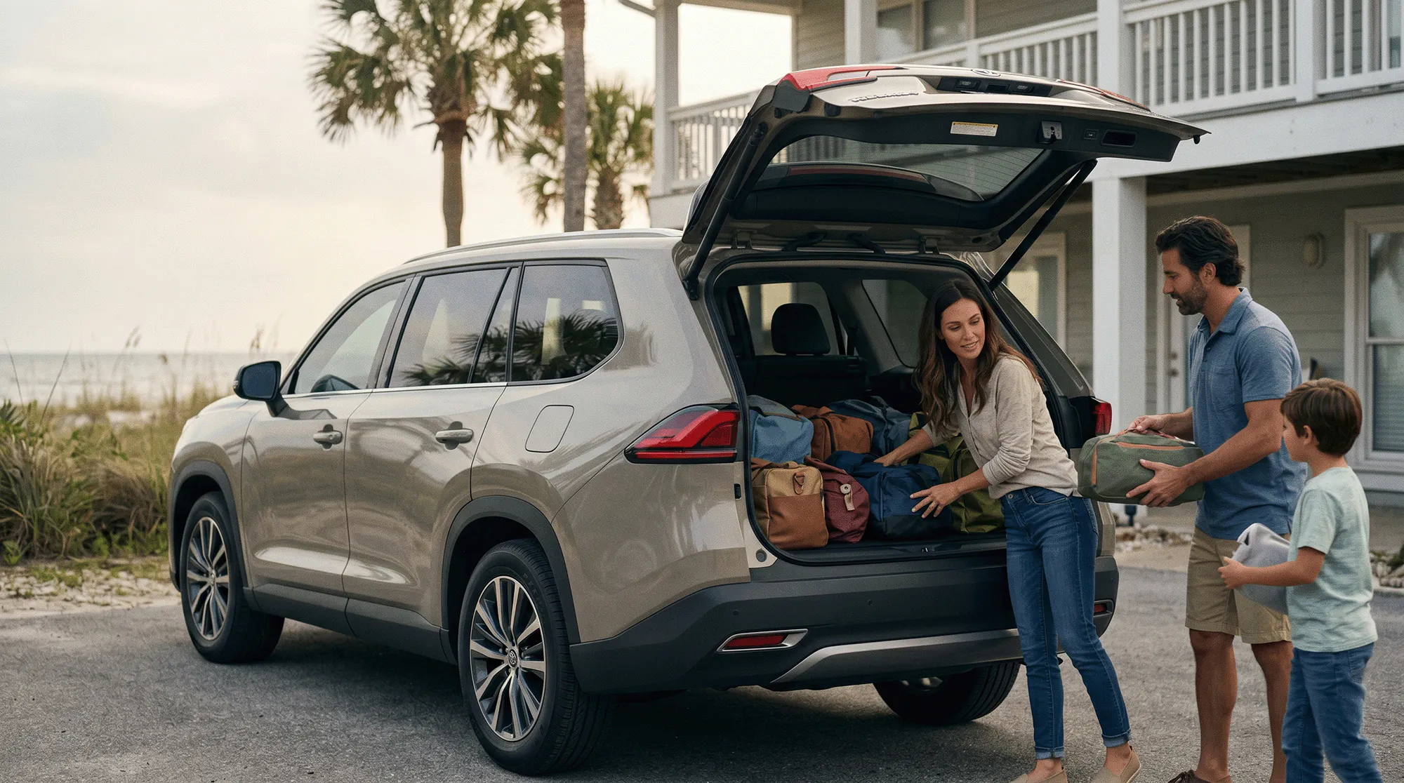 2026 Toyota Grand Highlander Hybrid parked near a Gulf Coast beach house while a family loads luggage into the rear cargo area
