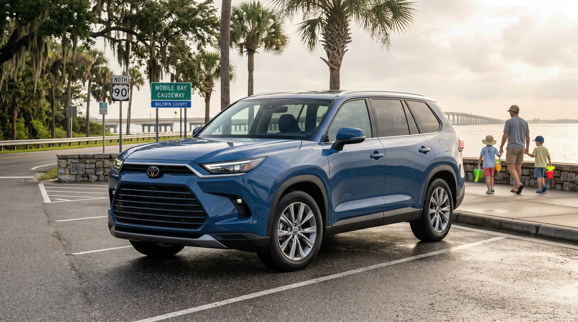 Blue 2026 Toyota Grand Highlander Hybrid parked near Mobile Bay Causeway with Gulf Coast water and a family in the background