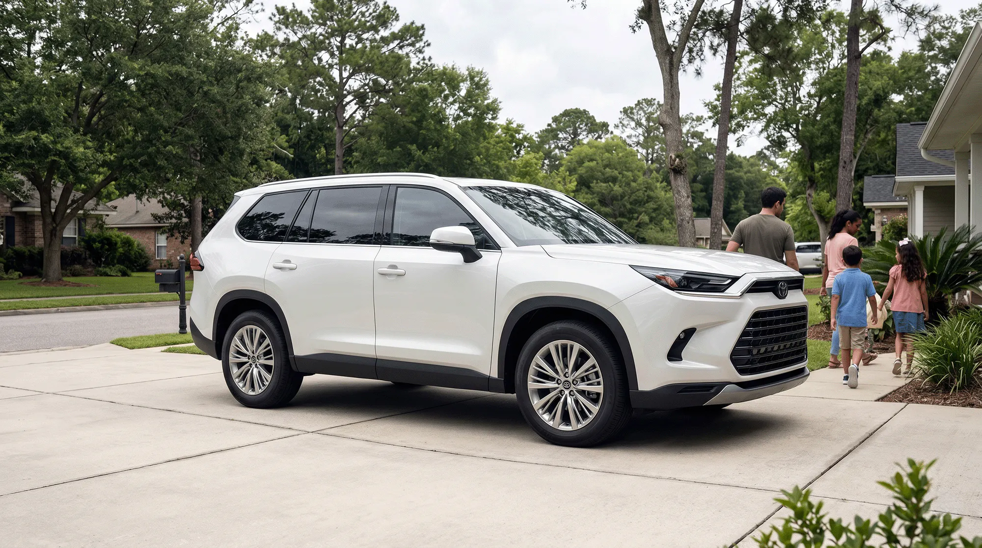 White 2026 Toyota Grand Highlander Hybrid parked in a suburban driveway while a family walks nearby