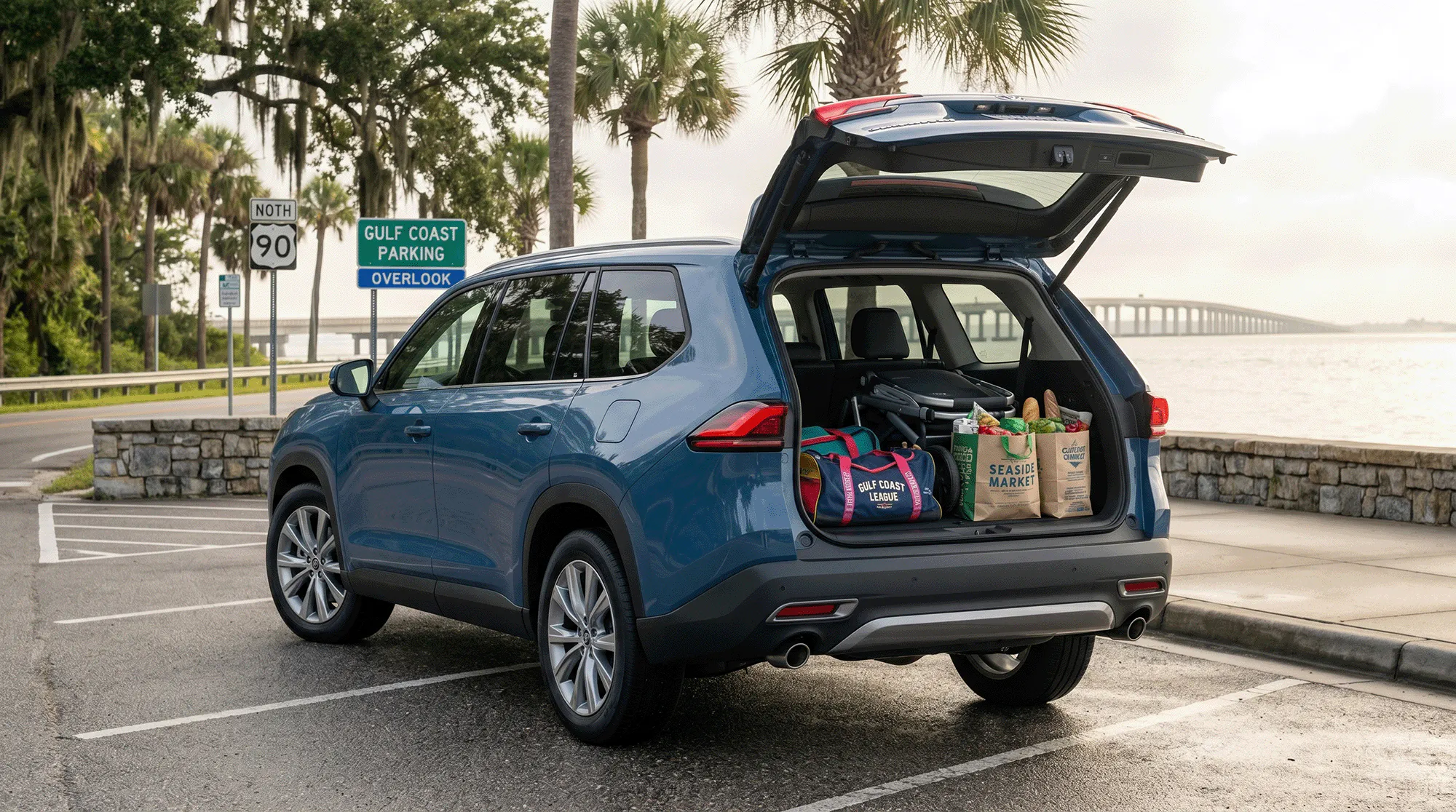 Blue 2026 Toyota Grand Highlander Hybrid with liftgate open at a Gulf Coast overlook, showing cargo space with bags and groceries