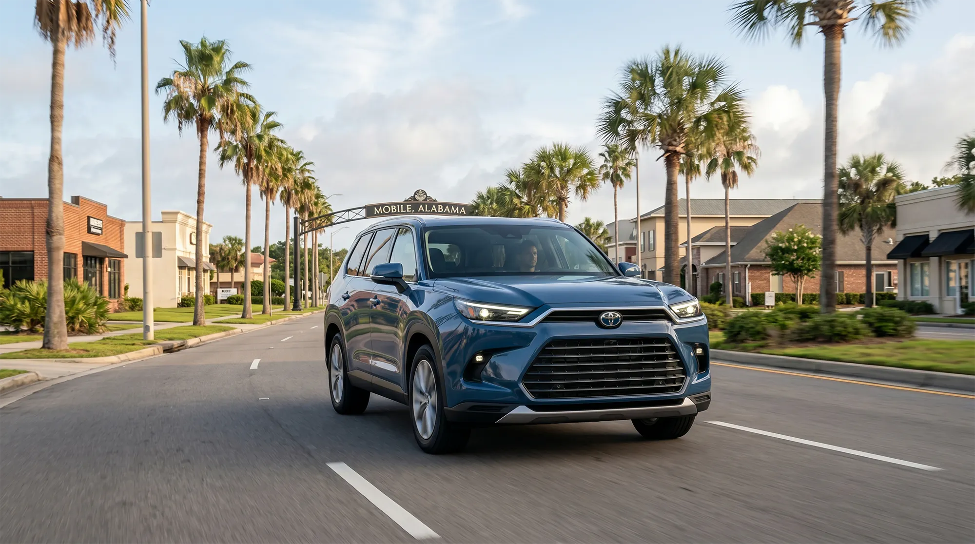 Blue 2026 Toyota Grand Highlander Hybrid driving on a palm-lined street in Mobile, Alabama under bright daylight