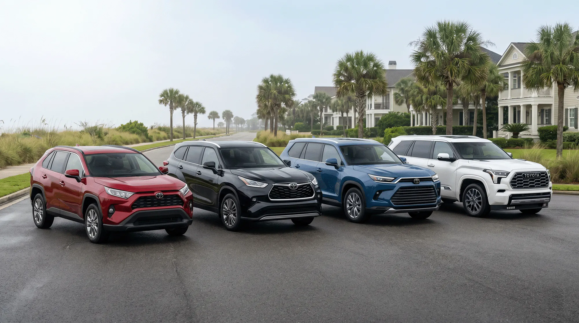 Lineup of 2026 Toyota SUVs on a Gulf Coast road with palm trees and coastal homes in the background.