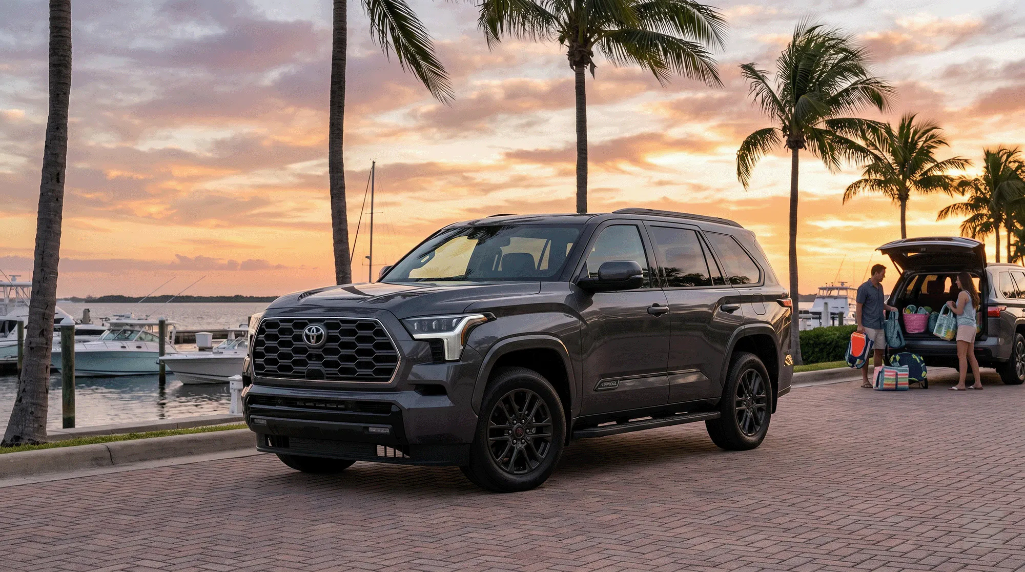 Black 2026 Toyota Grand Highlander parked in front of a coastal home at sunset with a family standing nearby.